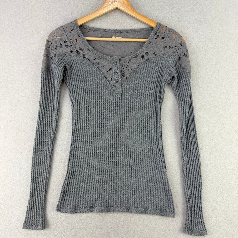 Y2K Hollister Lace Henley Top Women XS Gray Waffle Knit Thermal Twilight Bella
